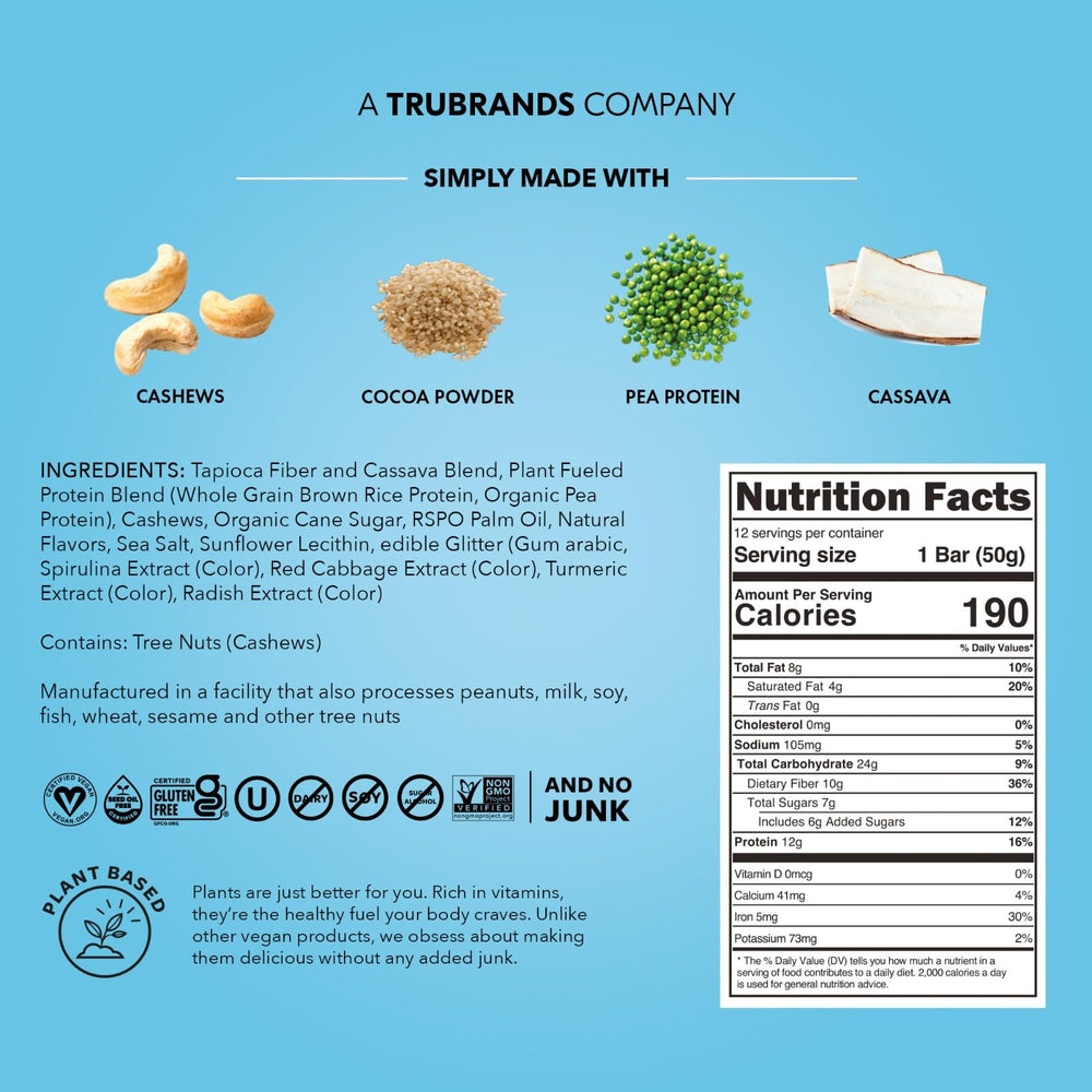 TRUBAR vegan protein bar ingredients closeup highlighting cashews and cassava for clean nutrition.
