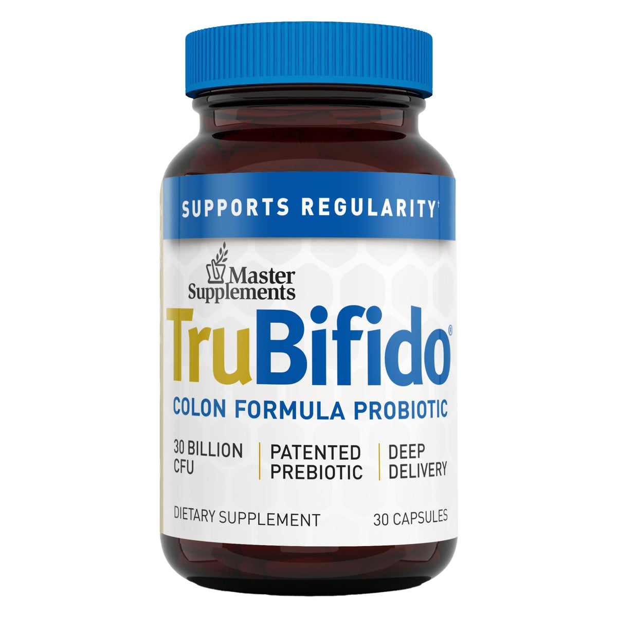 TruBifido bottle front shows 30 capsules for daily gut support and energy.