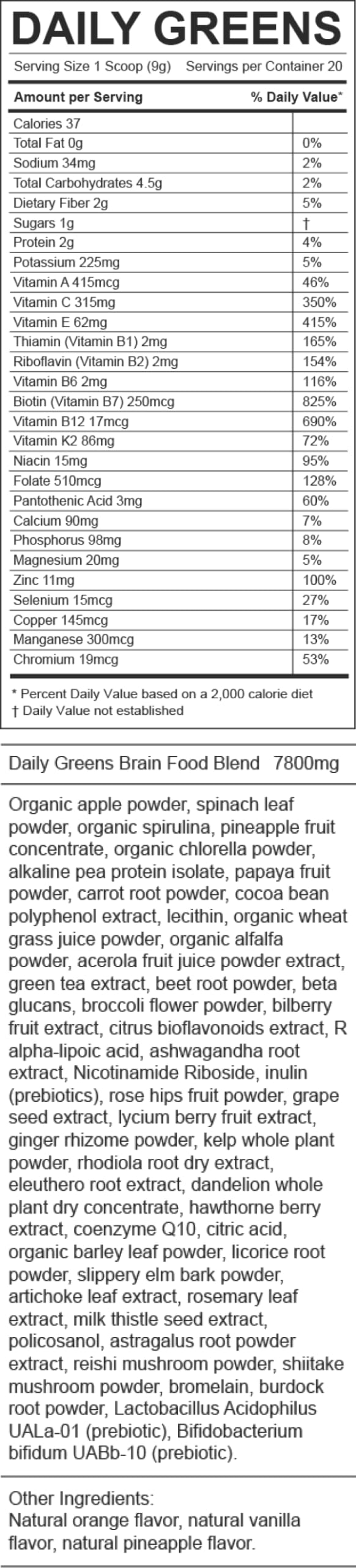 Close-up botanicals in TruBrain Daily Greens emphasizing plant-based ingredients.