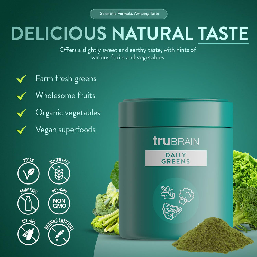TruBrain Daily Greens in a glass with water, easy daily mix.