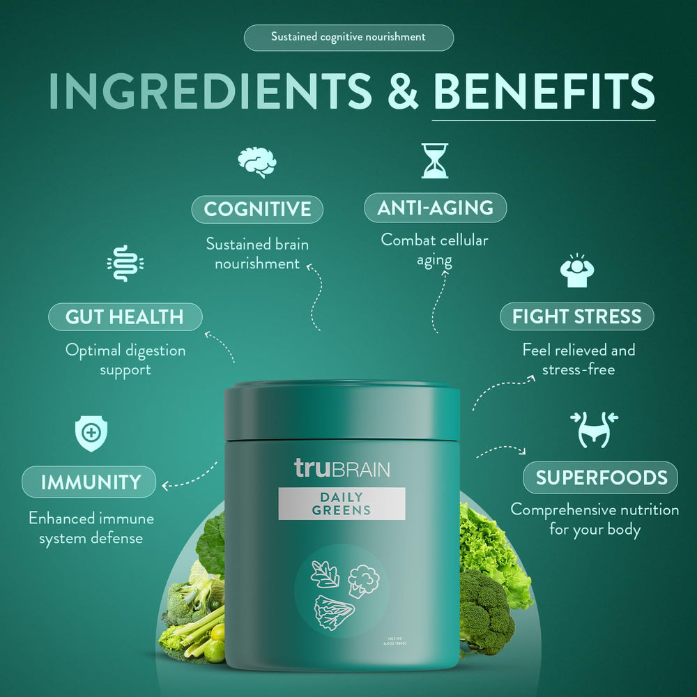Close-up of TruBrain Daily Greens ingredients highlighting vibrant greens.