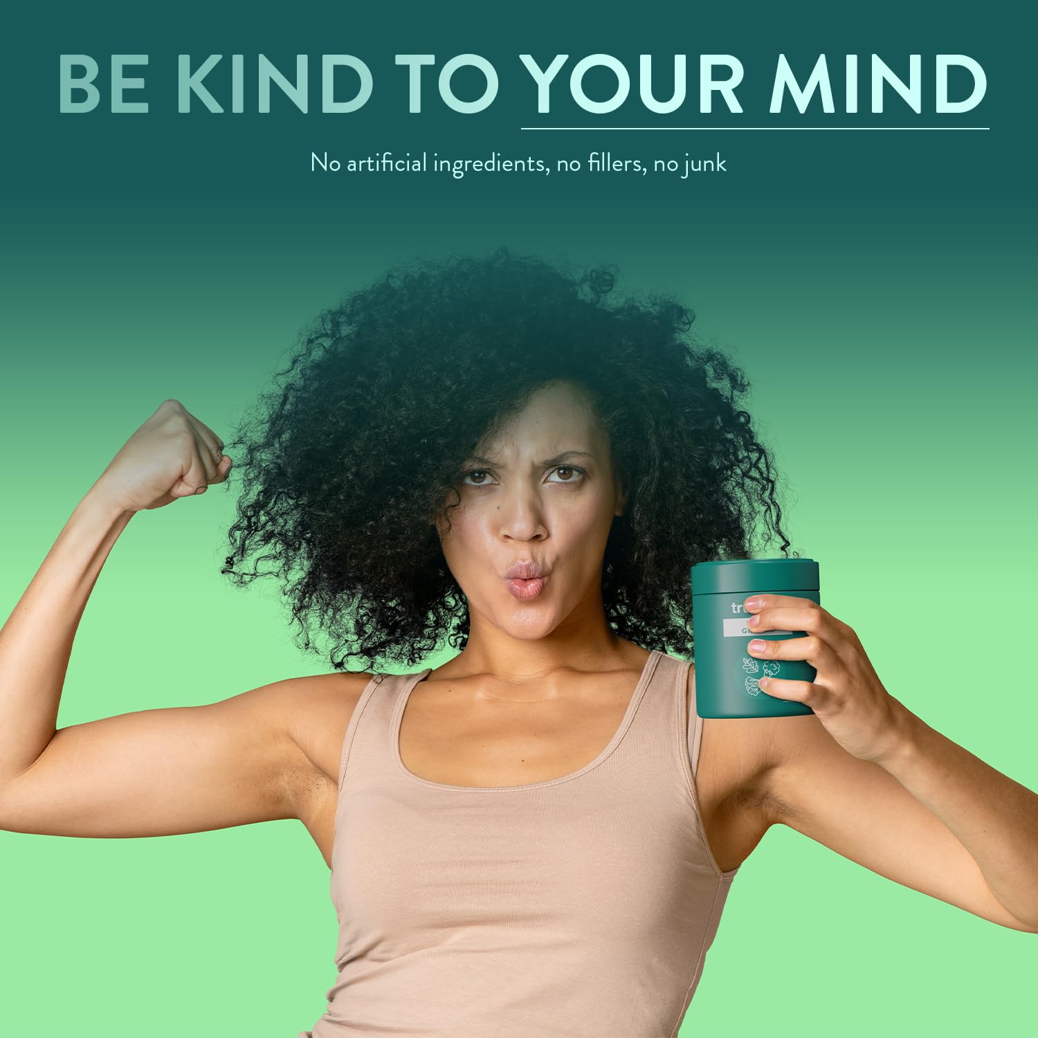 Lifestyle scene with TruBrain Daily Greens showing morning vitality.