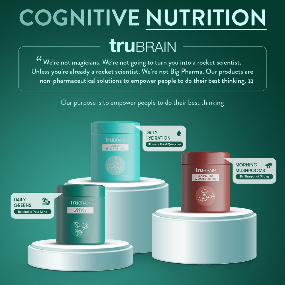 TruBrain Daily Greens packaging highlighting vegan, paleo, keto compatibility.