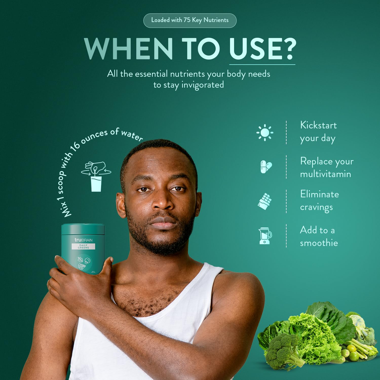 Powder swirl of TruBrain Daily Greens suggesting convenient nutrition.