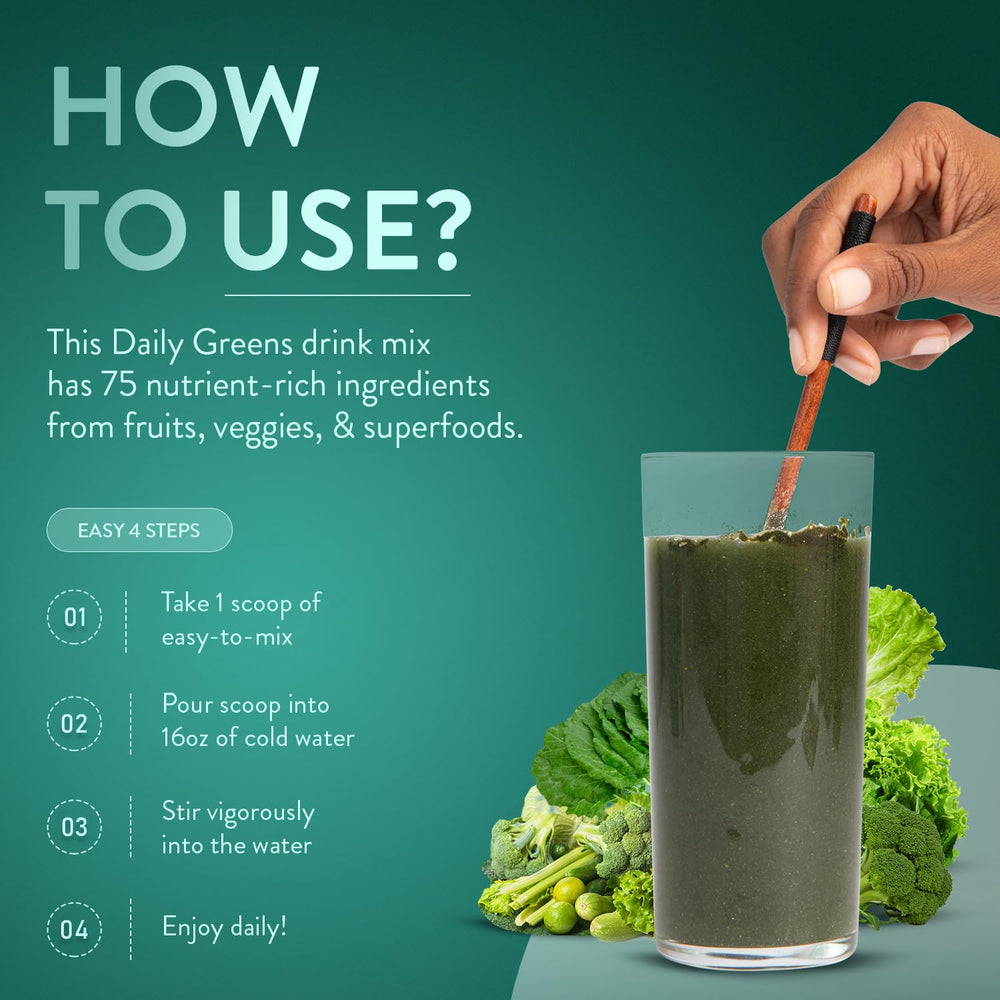 Scoop from TruBrain Daily Greens poured into a glass for quick use.