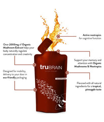 TruBrain Drink label packaging showing science-backed brain boosters for clarity
