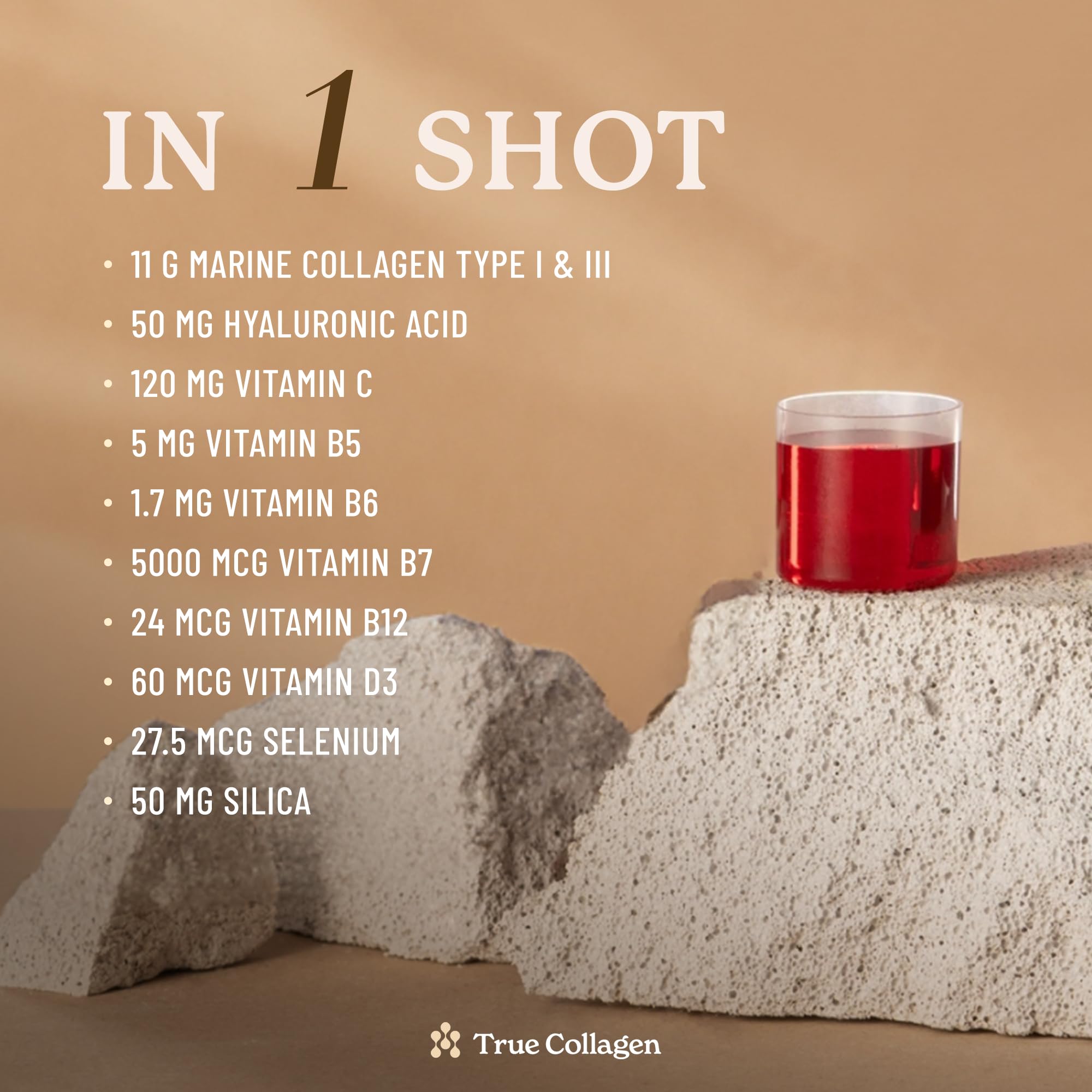 True Collagen Marine hyaluronic acid, biotin and vitamin C ingredients closeup