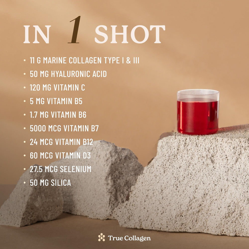 True Collagen Marine hyaluronic acid, biotin and vitamin C ingredients closeup