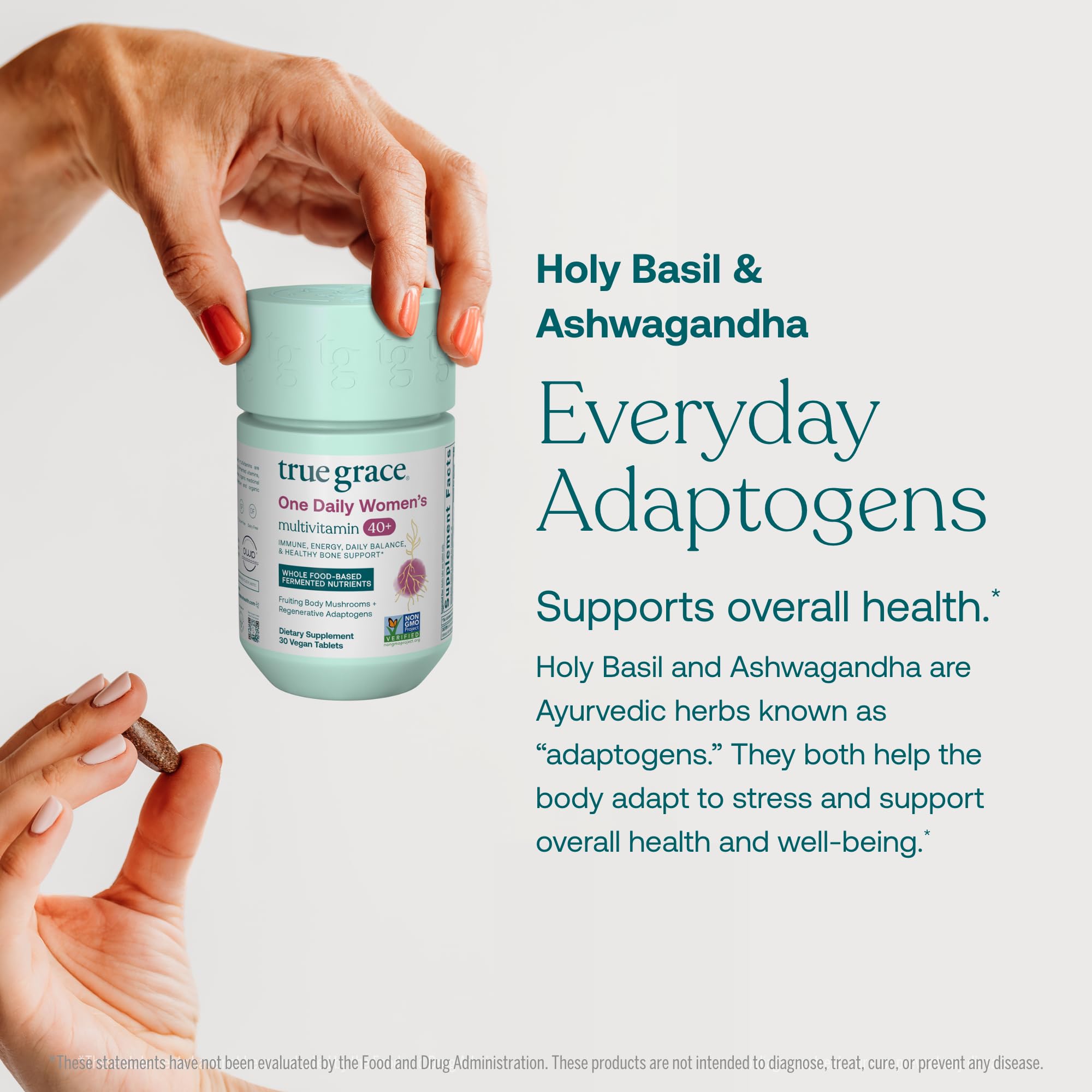 True Grace adaptogenic blend bottle label with holy basil and ashwagandha