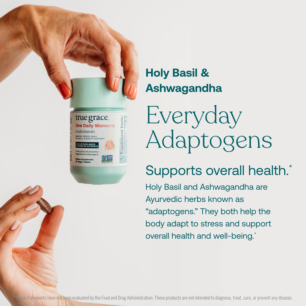 True Grace Adaptogenic blend image shows holy basil and ashwagandha supporting stress adaptation.