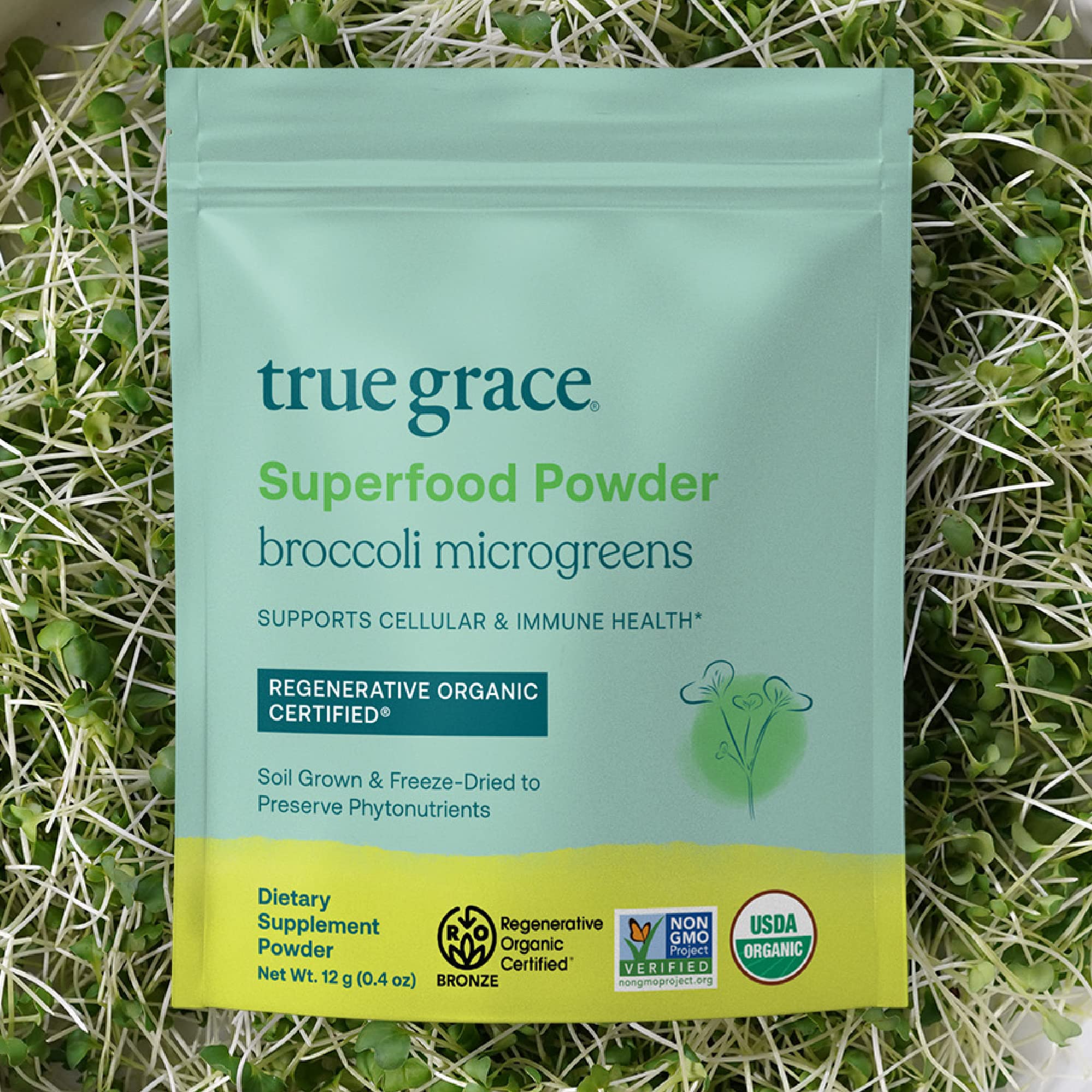 Smoothie prepared with True Grace broccoli microgreens powder for a greens boost.