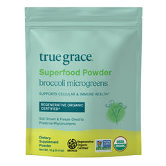 True Grace broccoli microgreens powder pouch for easy daily vegan superfood intake.