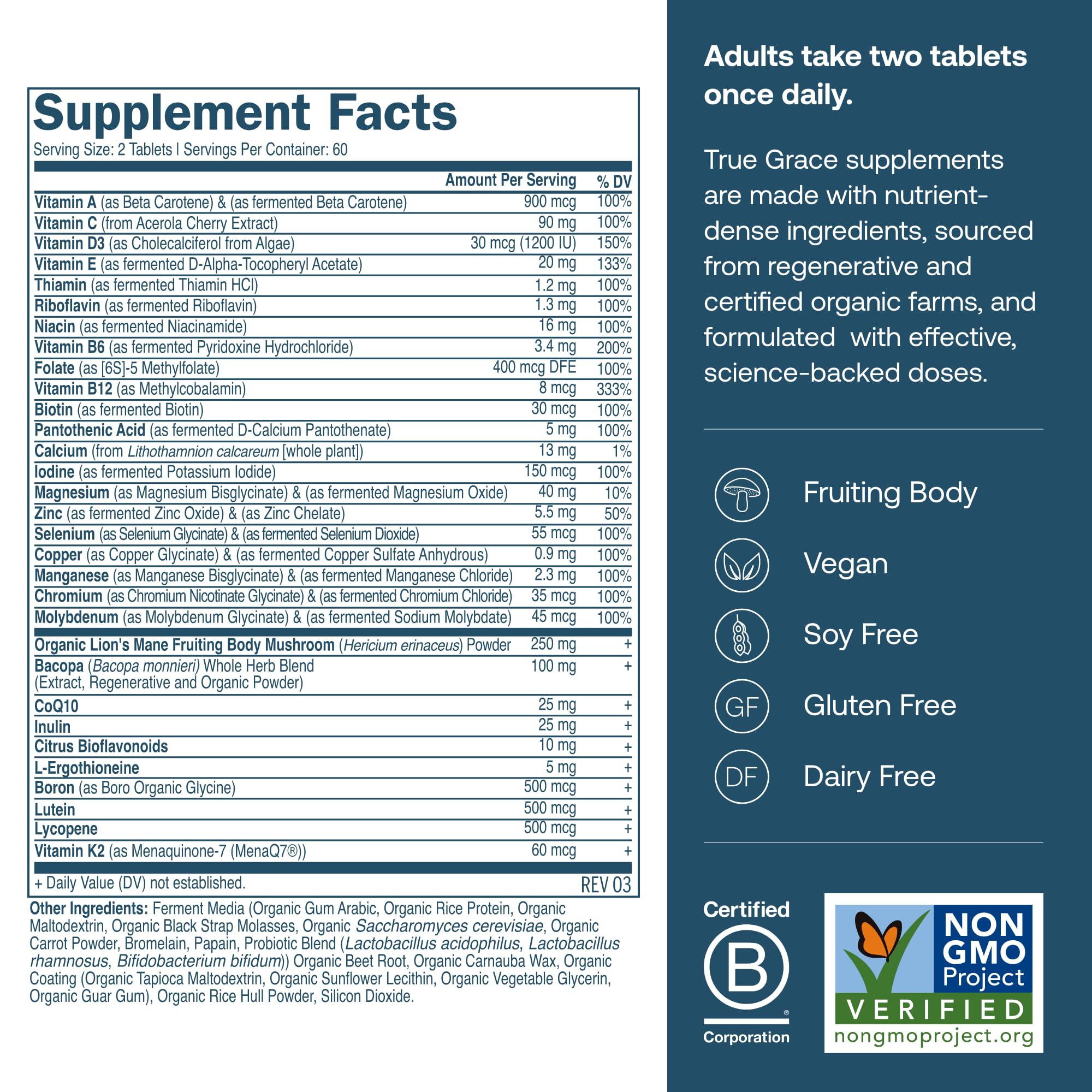 True Grace Daily Multivitamin label close-up highlighting vegan D3 and balanced nutrients