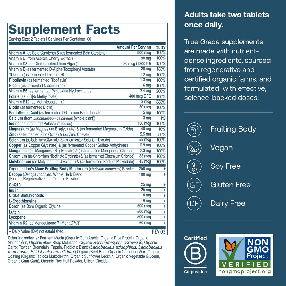 True Grace Daily Multivitamin label close-up highlighting vegan D3 and balanced nutrients