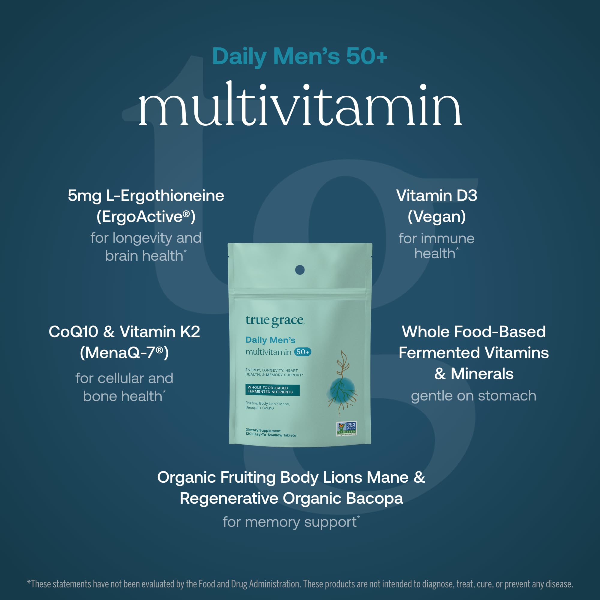 True Grace Daily Men’s Multivitamin tablets array emphasizing energy and cognitive benefits