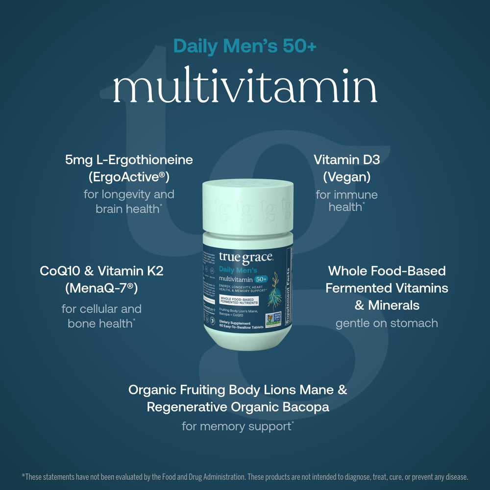 True Grace Daily Men's Multivitamin label close-up with gluten-free vegan notes