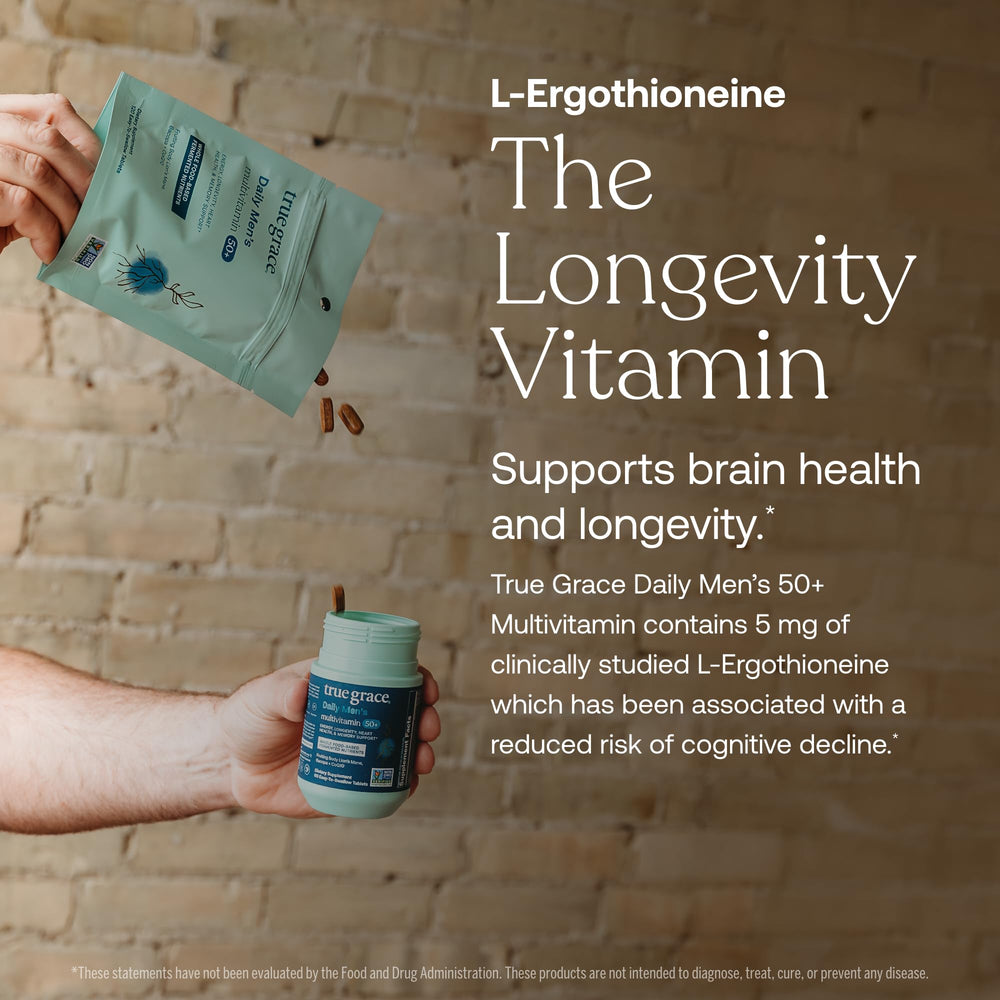 True Grace Daily Men's Multivitamin recycled packaging highlighting eco-friendly approach