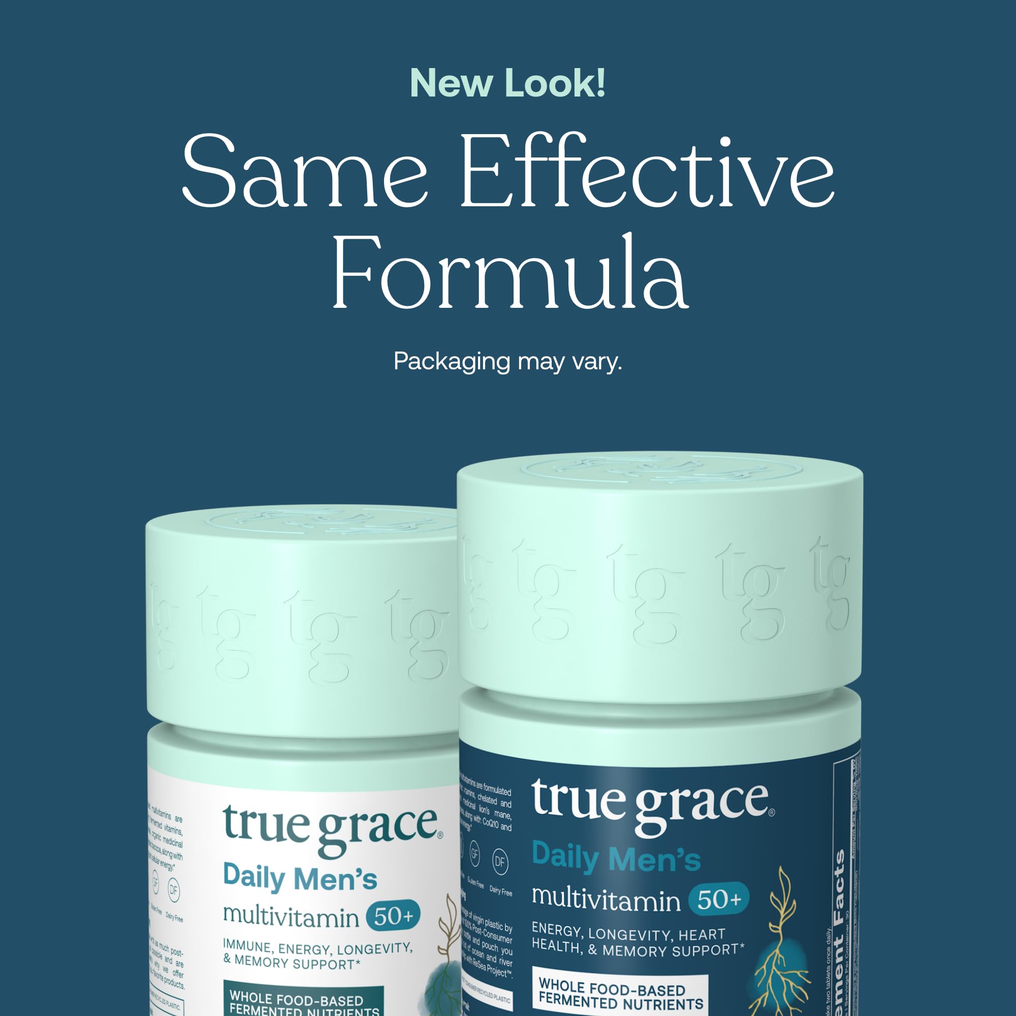 True Grace Daily Men's Multivitamin bottle beside refill pouch emphasizing sustainability