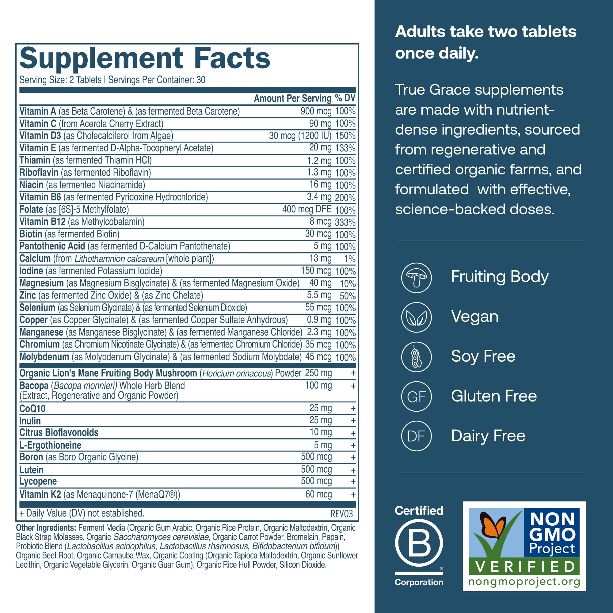 True Grace Daily Men's Multivitamin tablets close-up showing easy-to-swallow capsules