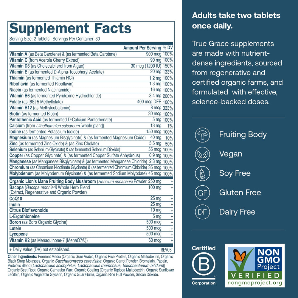 True Grace Daily Men's Multivitamin tablets close-up showing easy-to-swallow capsules