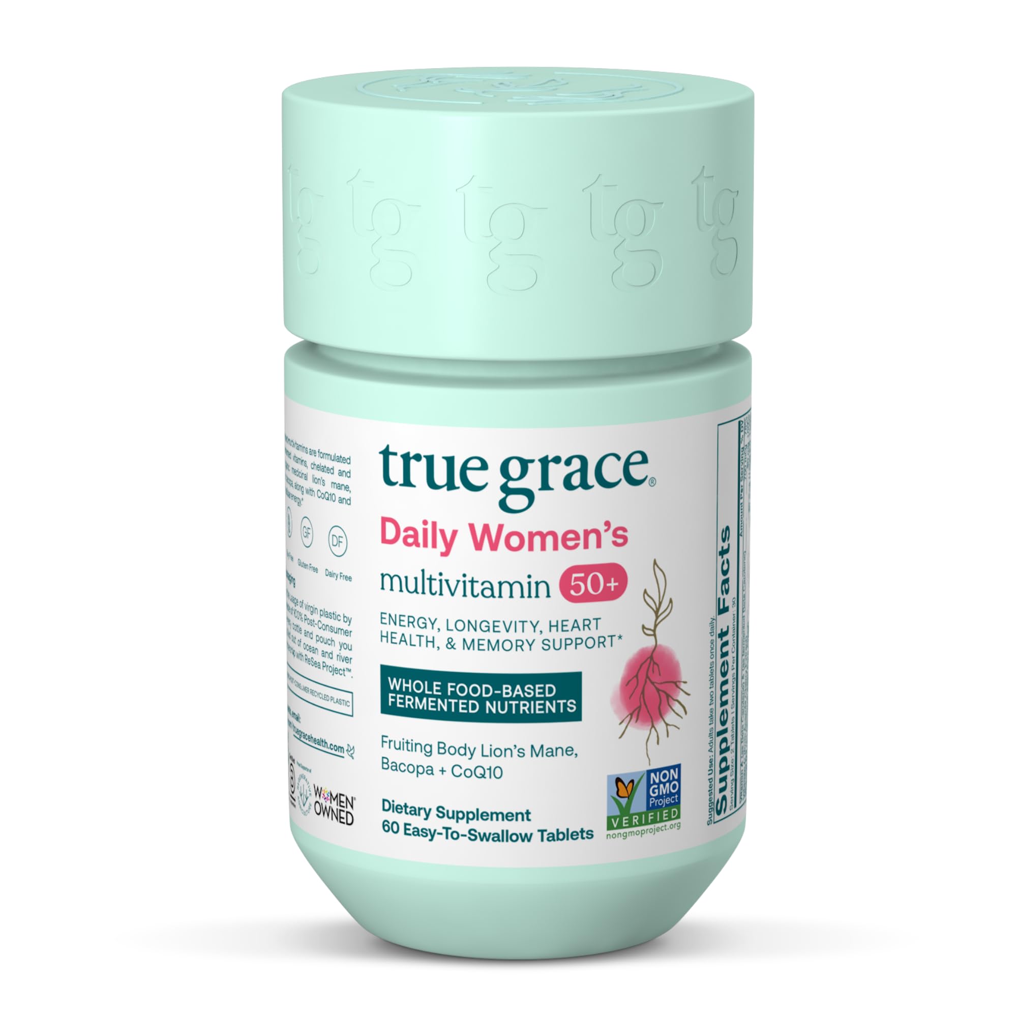 True Grace Daily Multivitamin 50+ bottle front promotes immune support and daily vitality.