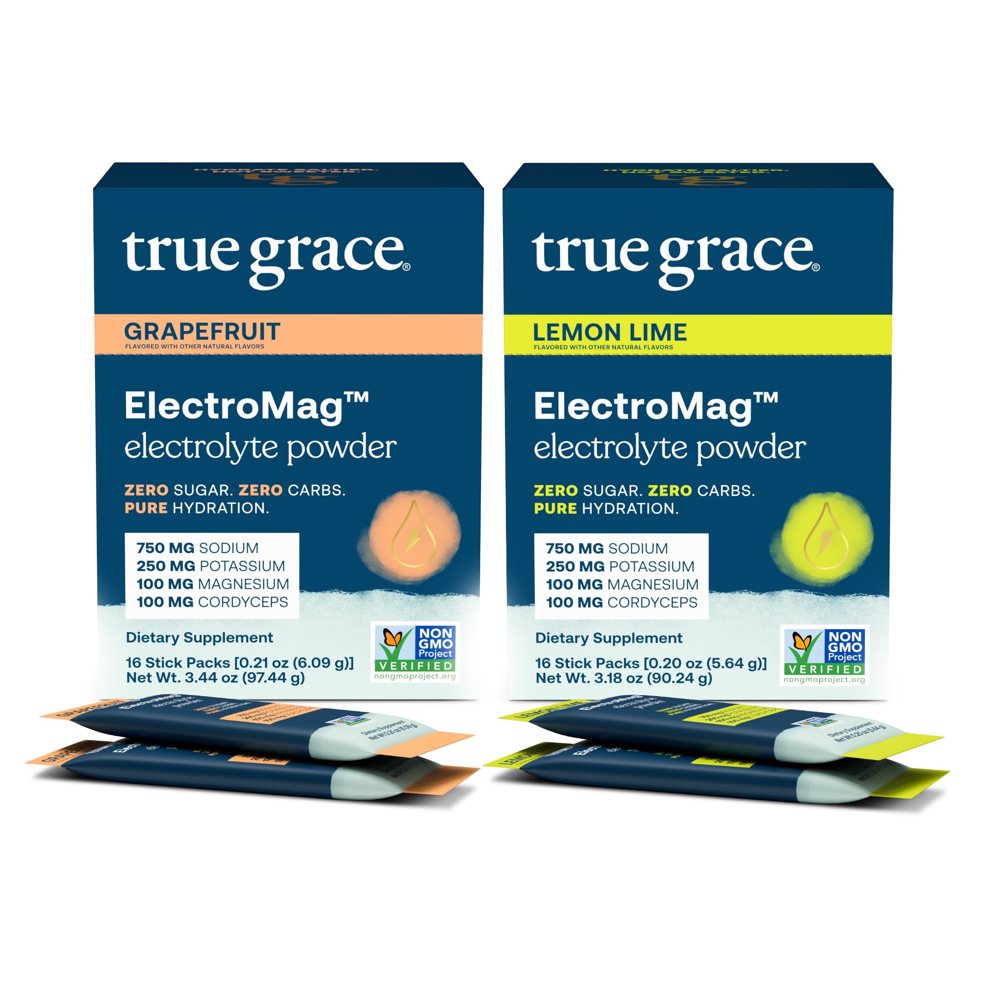 True Grace ElectroMag grapefruit stick-pack dissolving in water for quick hydration.