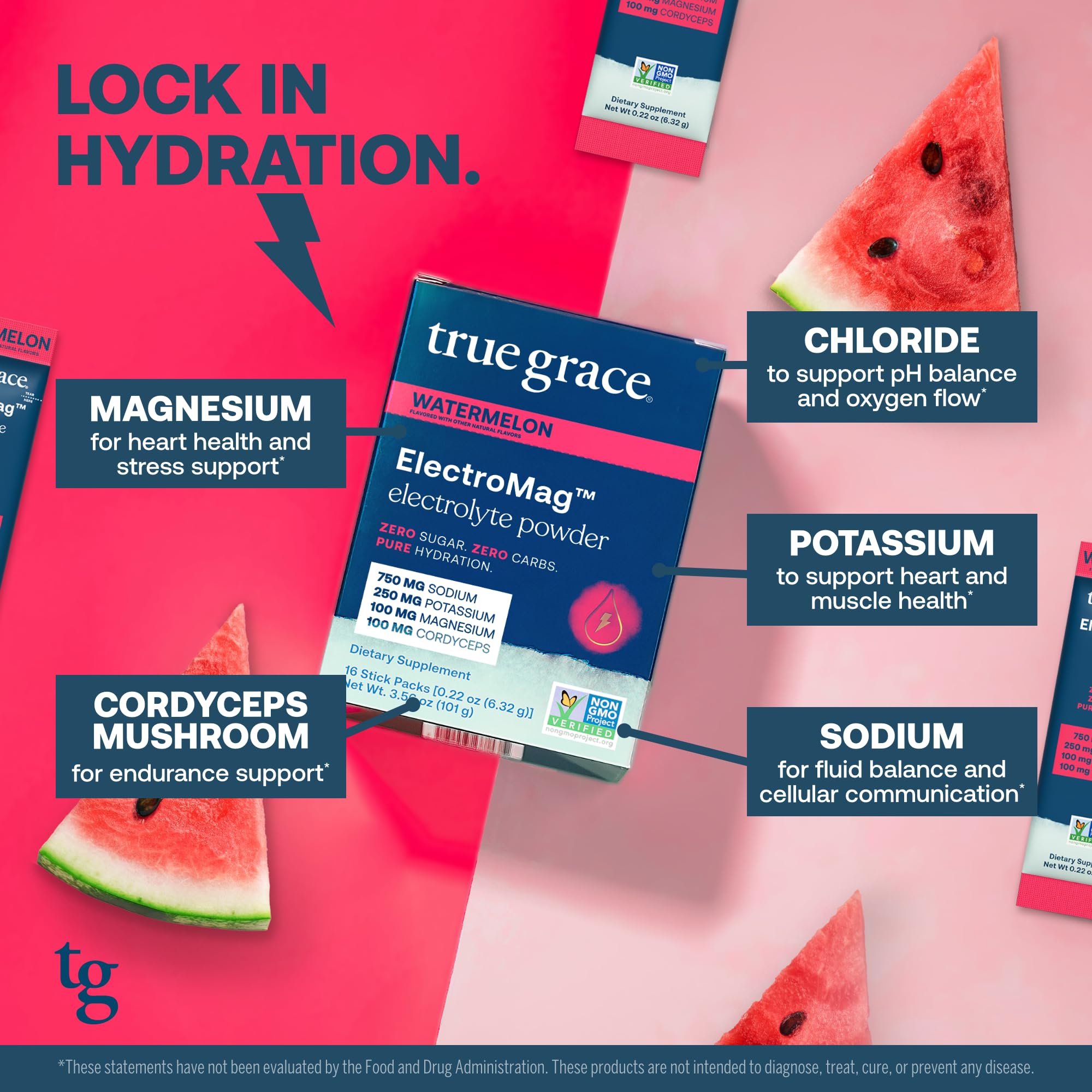 True Grace ElectroMag packaging closeup highlighting zero sugar benefits