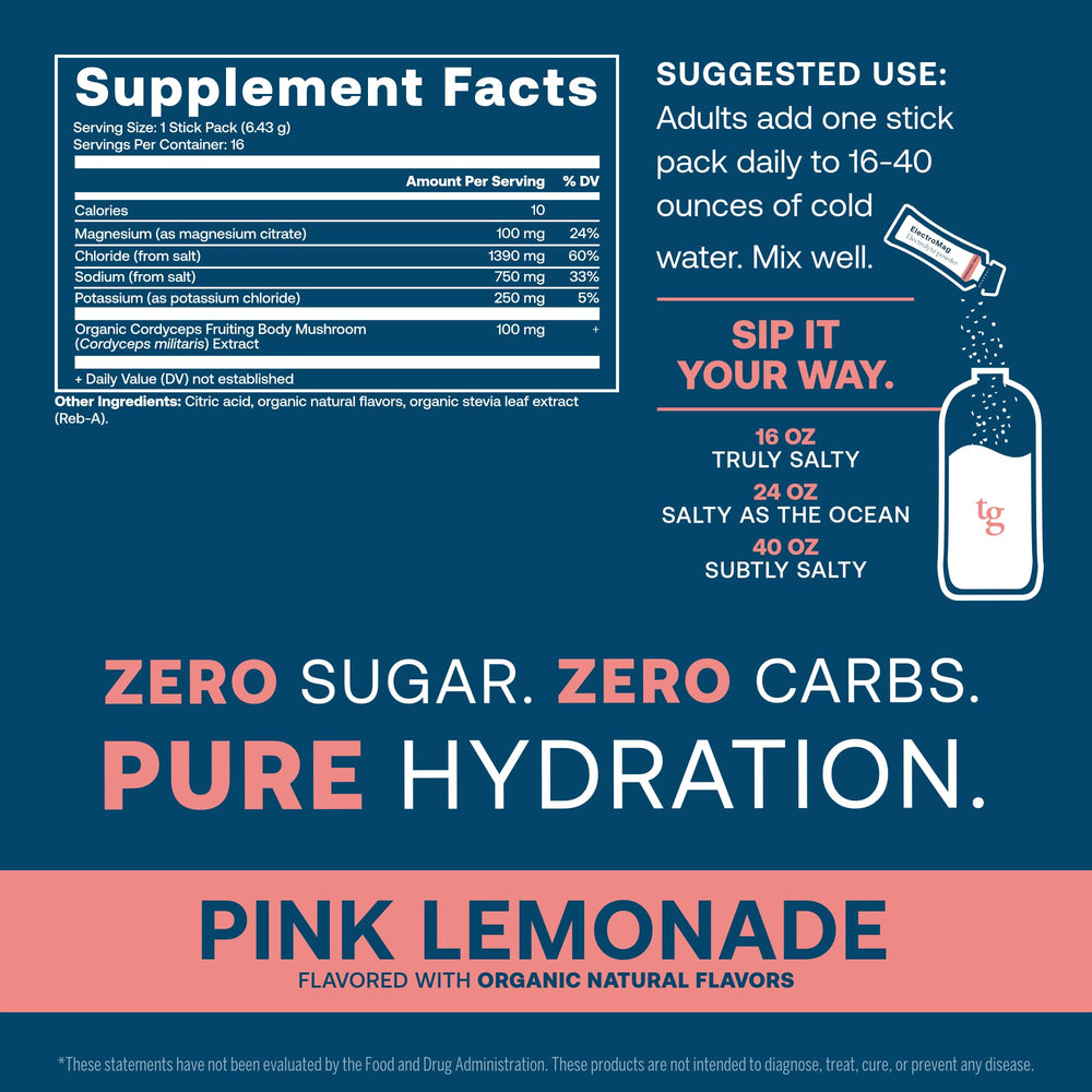 True Grace ElectroMag pink lemonade stick pack being poured into a glass of water