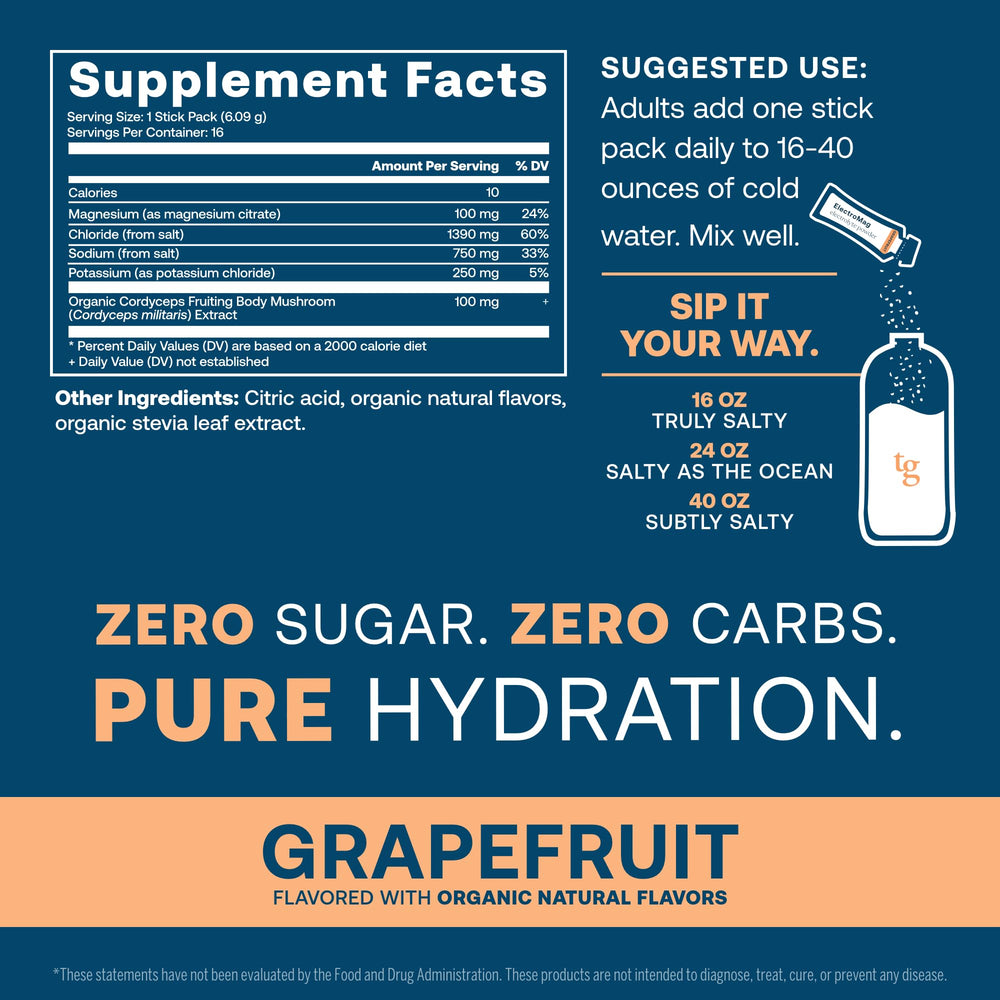 True Grace ElectroMag stick pack being poured into a bottle for quick hydration.