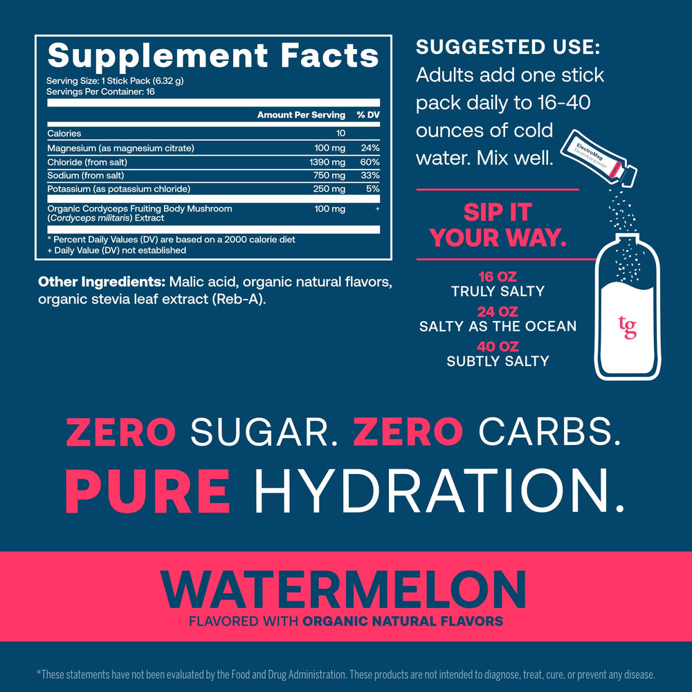 ElectroMag watermelon dissolves in water, highlighting zero sugar and zero carbs.