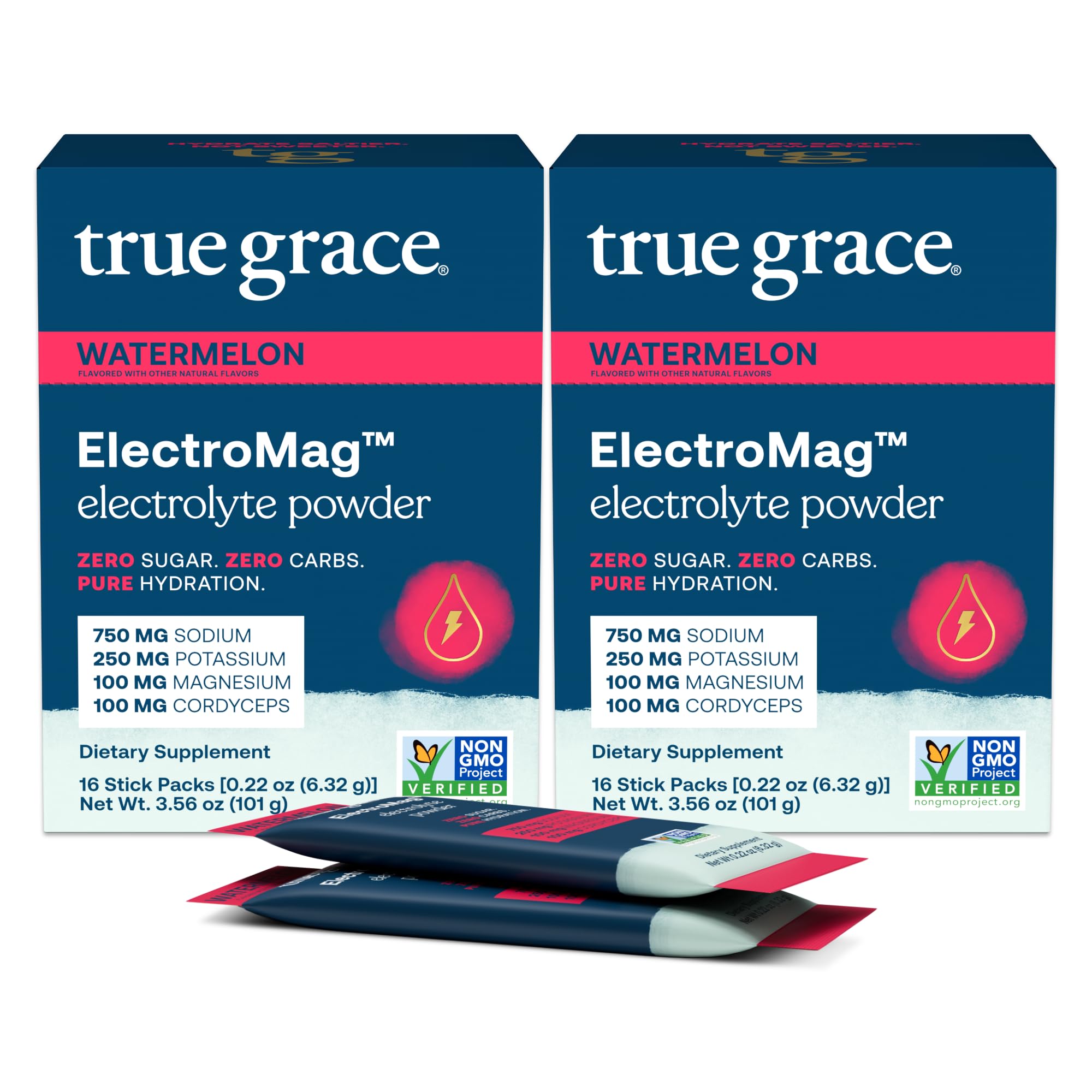 True Grace ElectroMag watermelon stick packs dissolve quickly for rapid hydration.