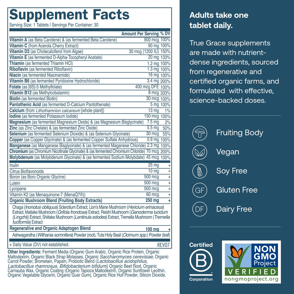 True Grace fermented minerals capsule bottle highlights chelated minerals for absorption.