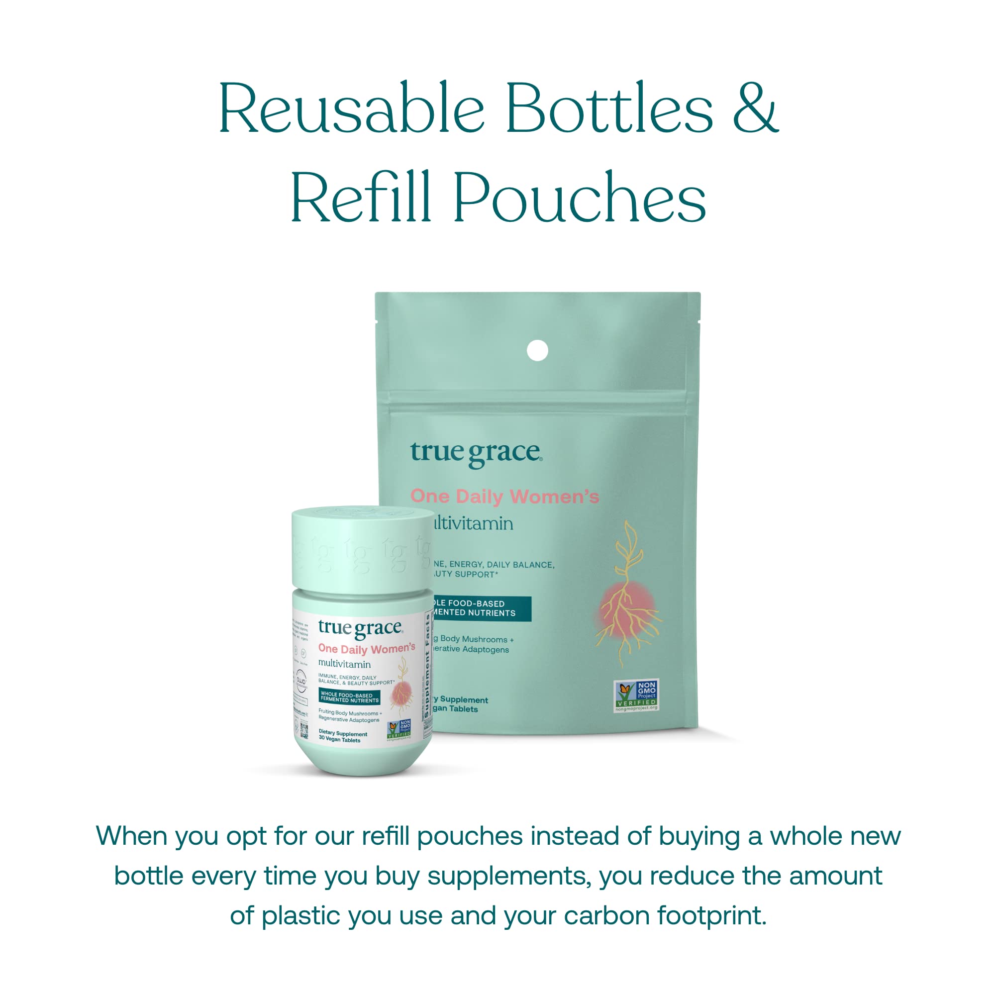 Illustration of True Grace ingredients including chelated minerals and prebiotic fiber