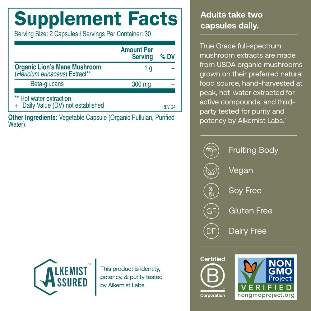 True Grace Lions Mane capsules arranged for daily cognitive wellness