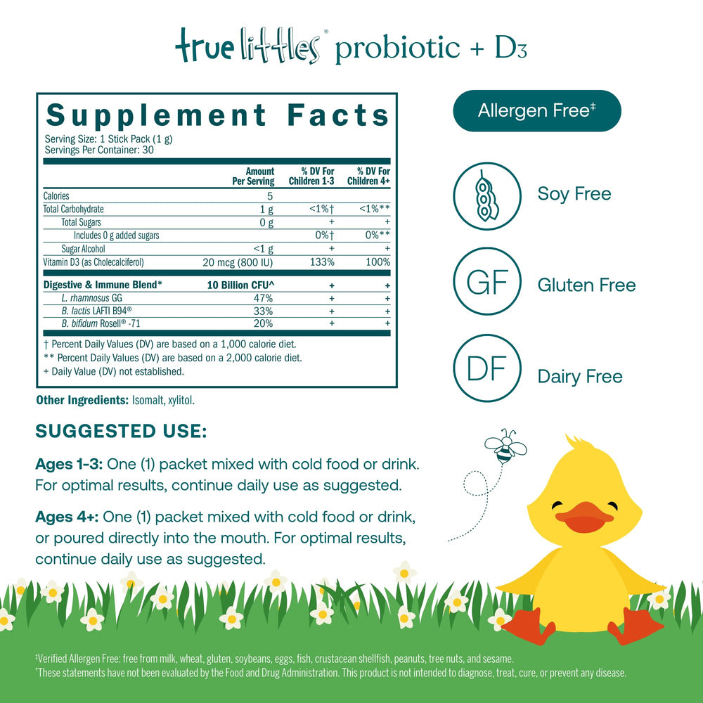 True Grace True Littles Probiotic D3 box with individual sachets displayed