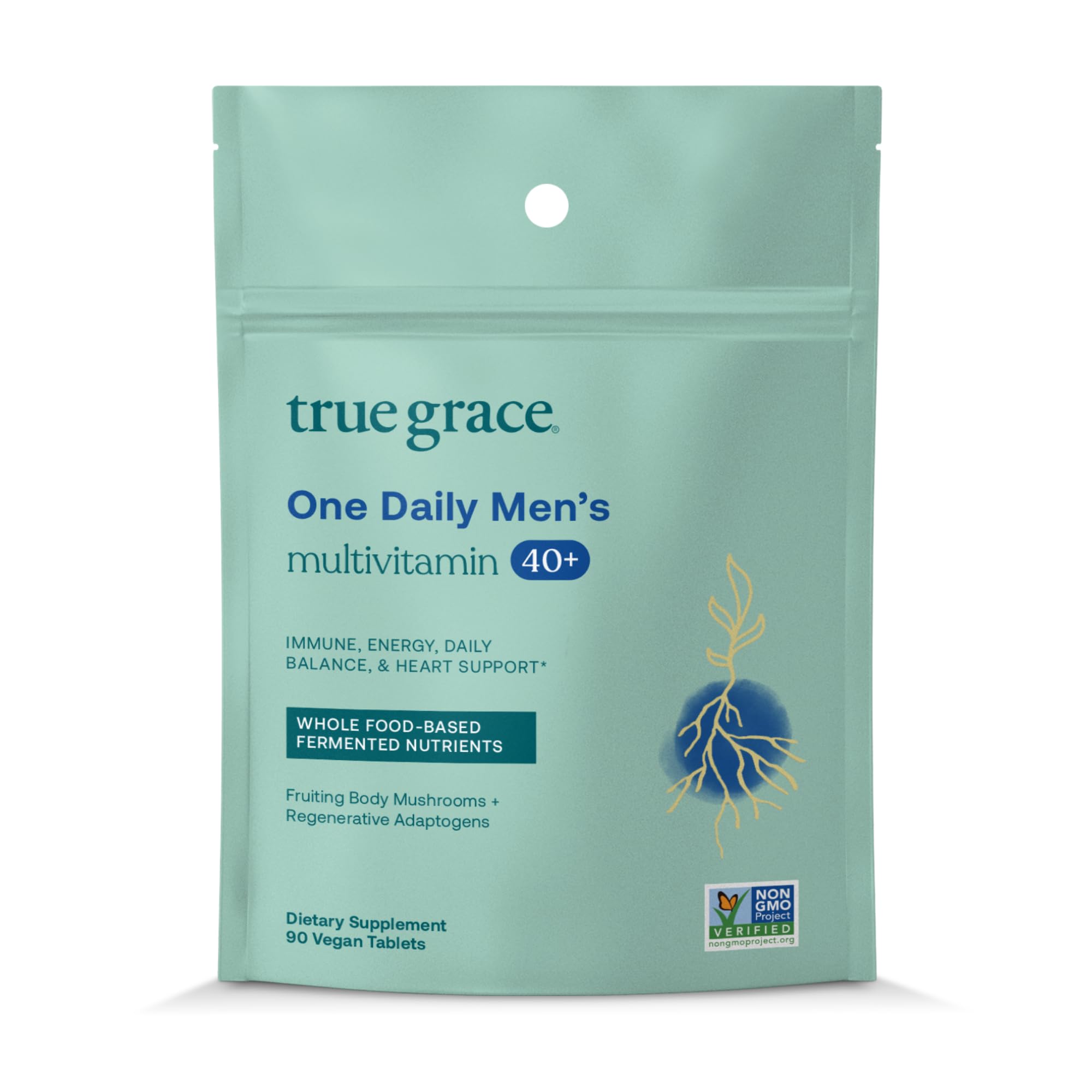 True Grace Men 40+ multivitamin bottle front for daily energy and immune support.