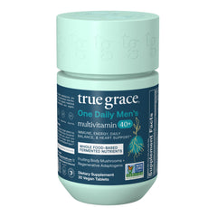 True Grace Men's 40+ multivitamin bottle supports daily wellness and energy.