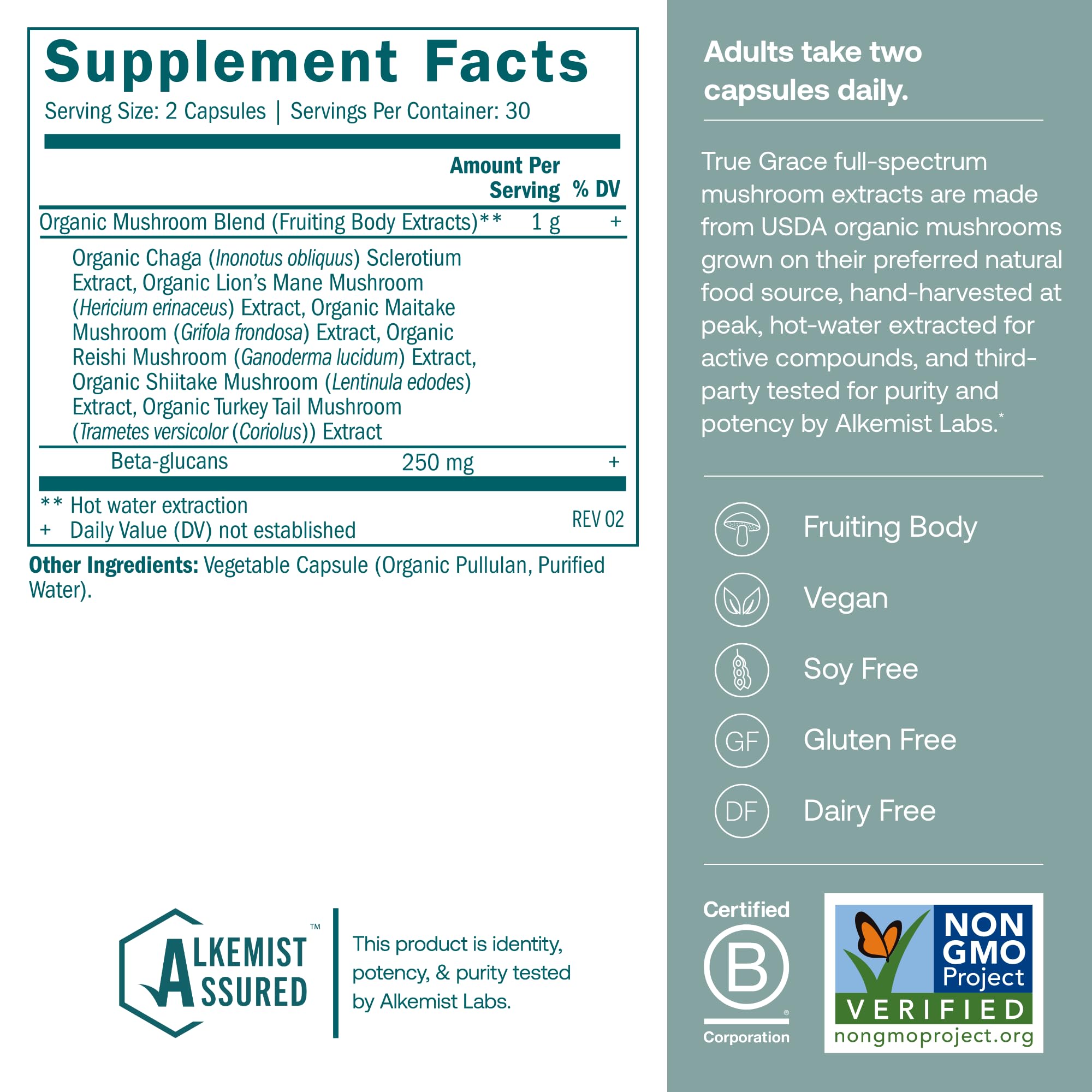 True Grace Myco-Renew bottle label highlights organic sourcing.