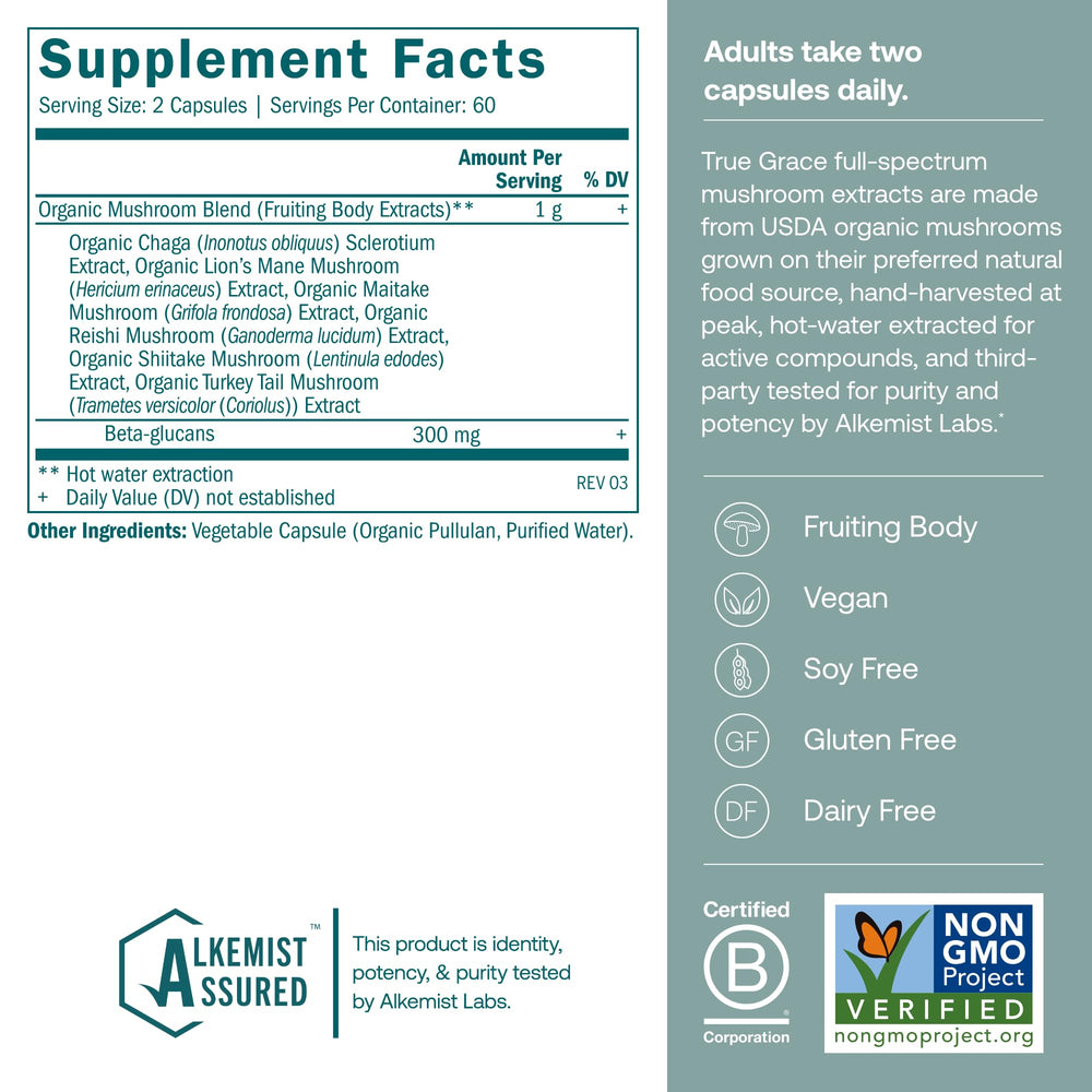 True Grace Mushroom Myco-Renew label close-up highlighting organic mushrooms and purity