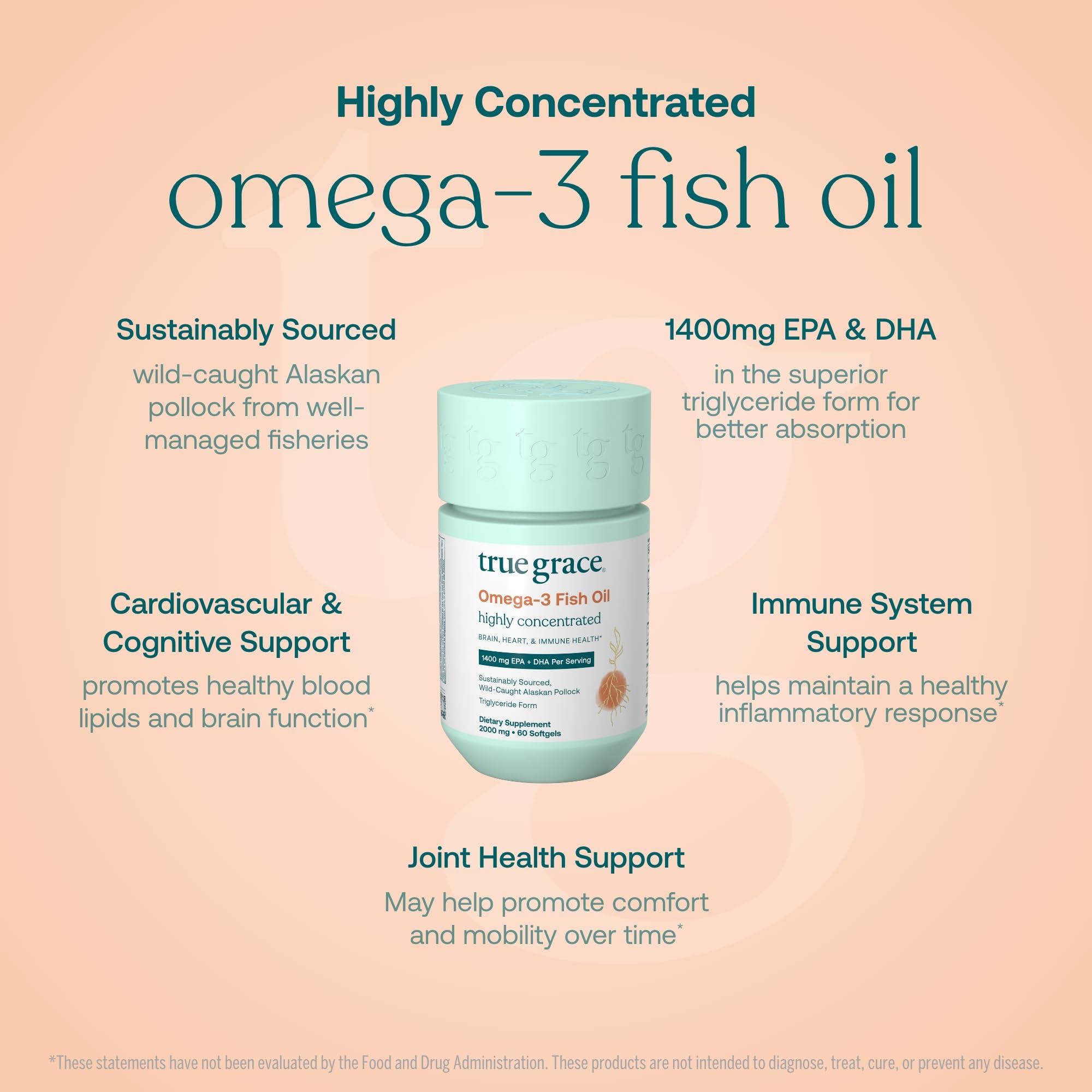 True Grace Omega-3 bottle label shows organic, gluten-free, and soy-free attributes