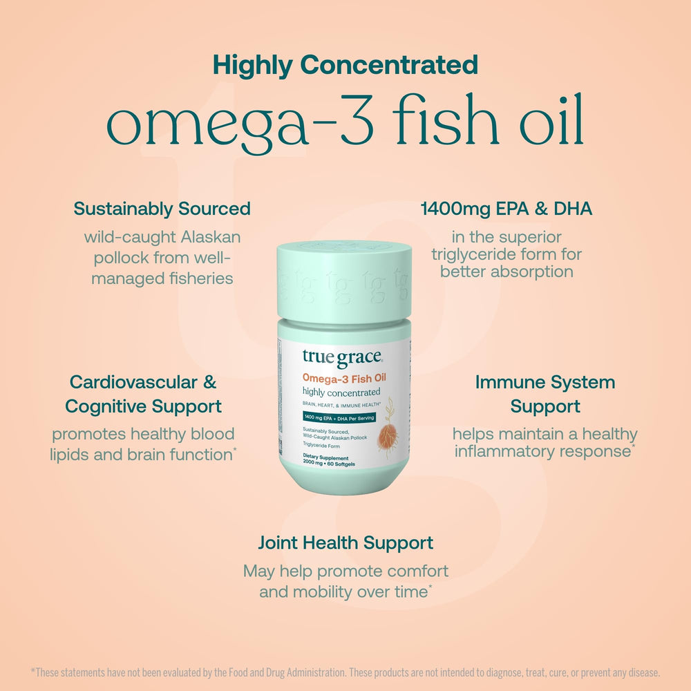 True Grace Omega-3 bottle label shows organic, gluten-free, and soy-free attributes