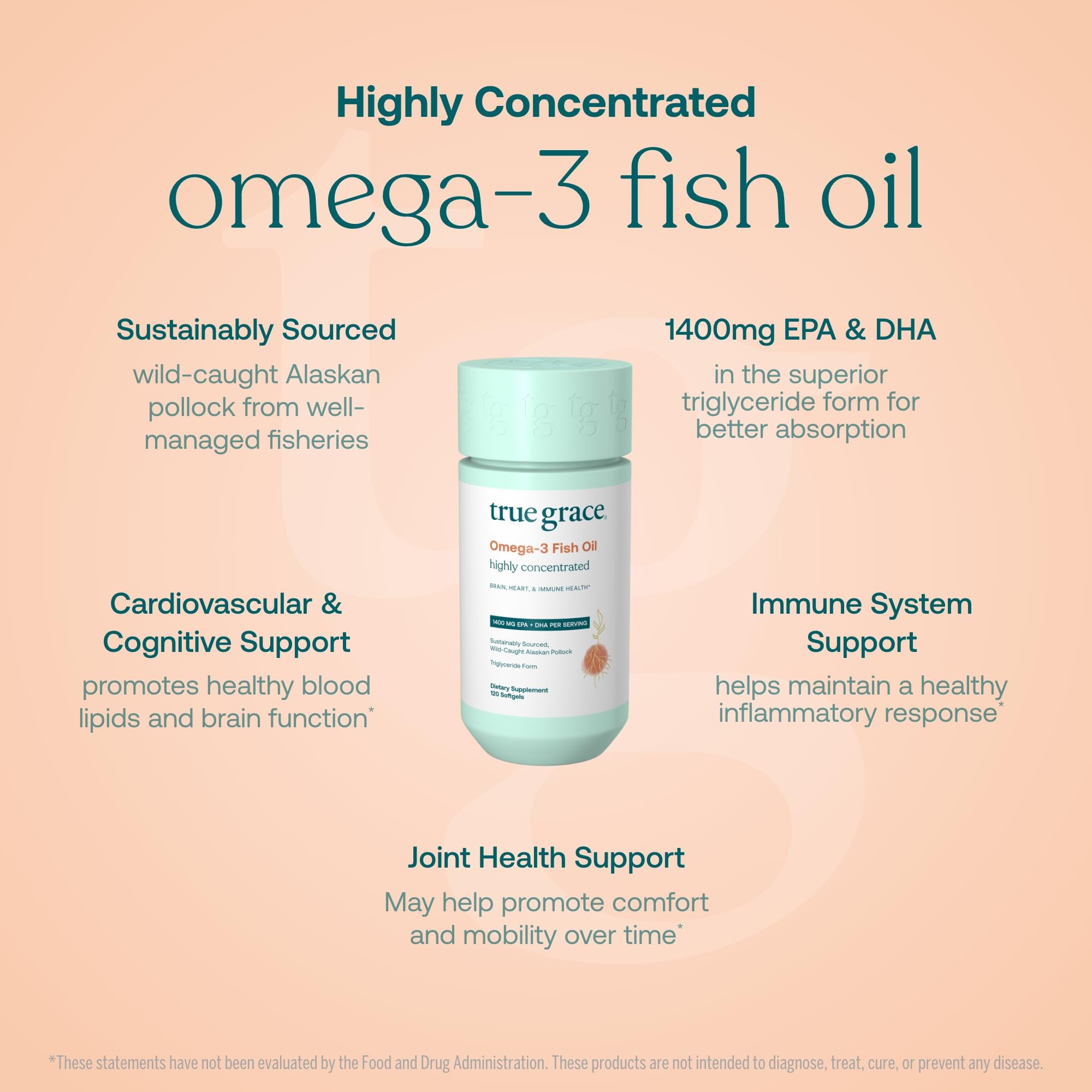 True Grace Omega-3 bottle label shows EPA and DHA amounts for informed choices.