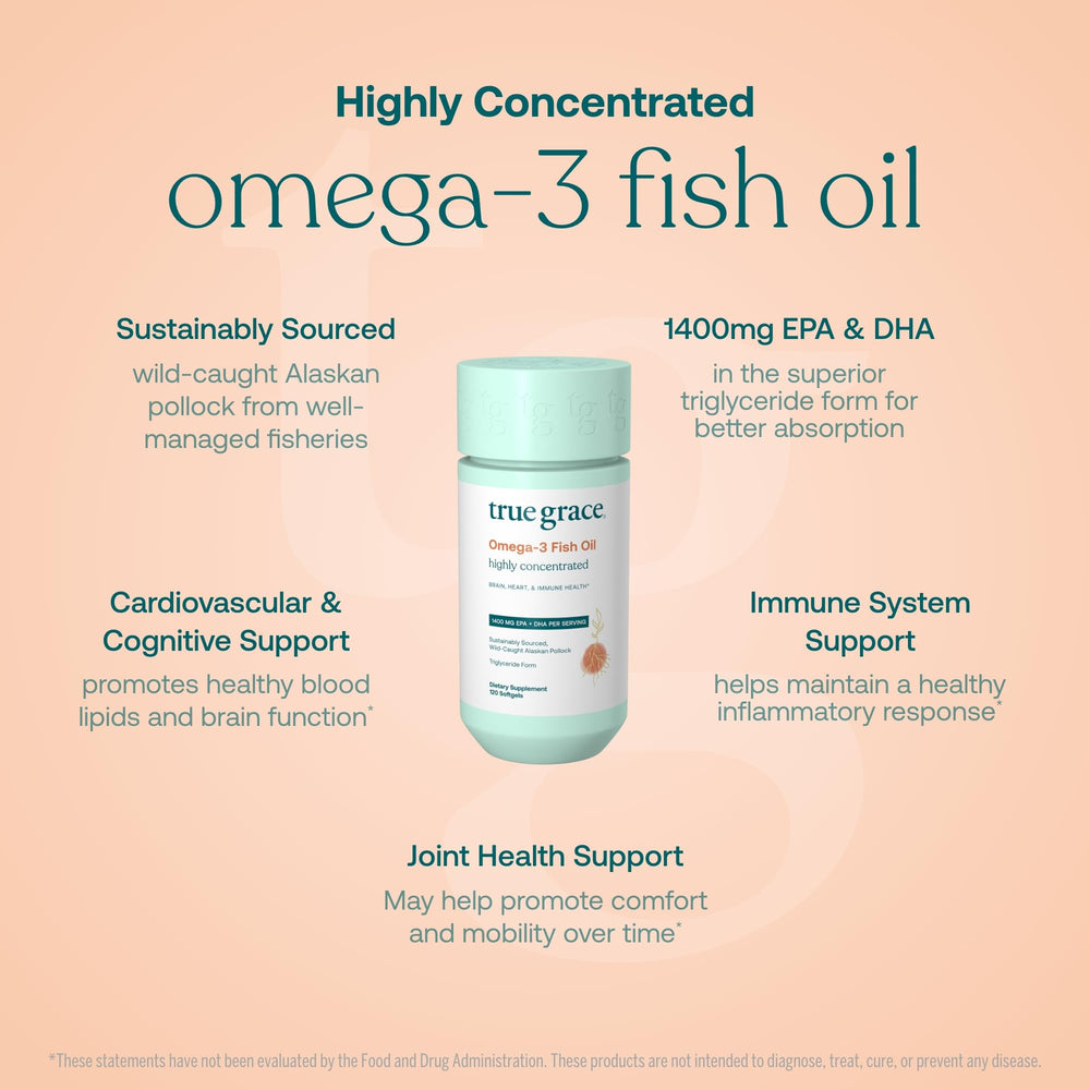 True Grace Omega-3 bottle label shows EPA and DHA amounts for informed choices.