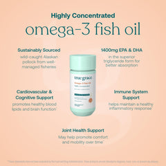 True Grace Omega-3 bottle label shows EPA and DHA amounts for informed choices.