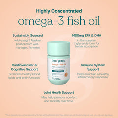 True Grace Omega-3 bottle label shows organic, gluten-free, and soy-free attributes