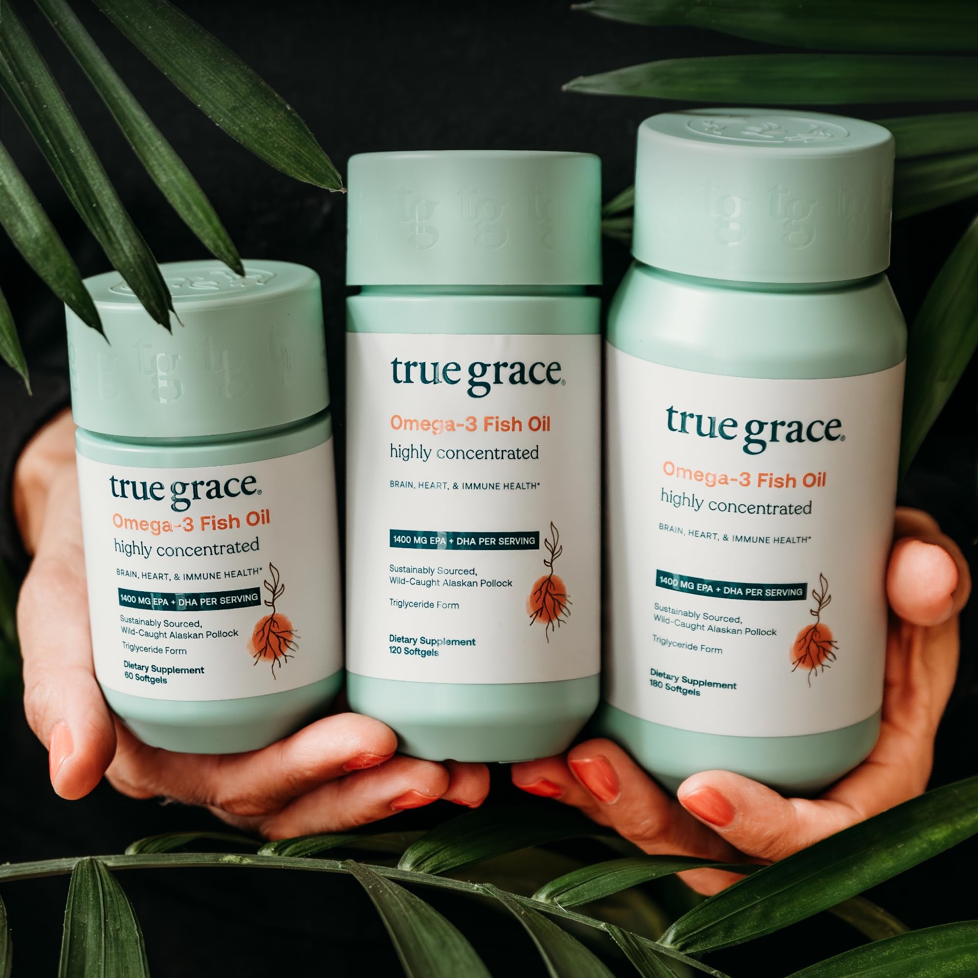 True Grace Omega-3 bottle in daily routine suggests convenient dosing.