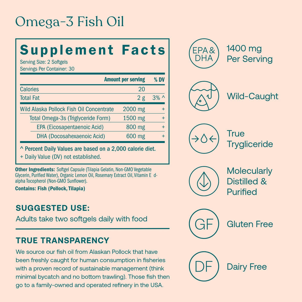 True Grace Omega-3 softgels pour image illustrates easy daily intake.