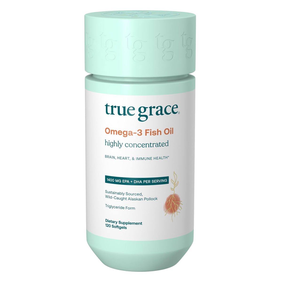 True Grace Omega-3 fish oil bottle front shows potency for daily wellness.