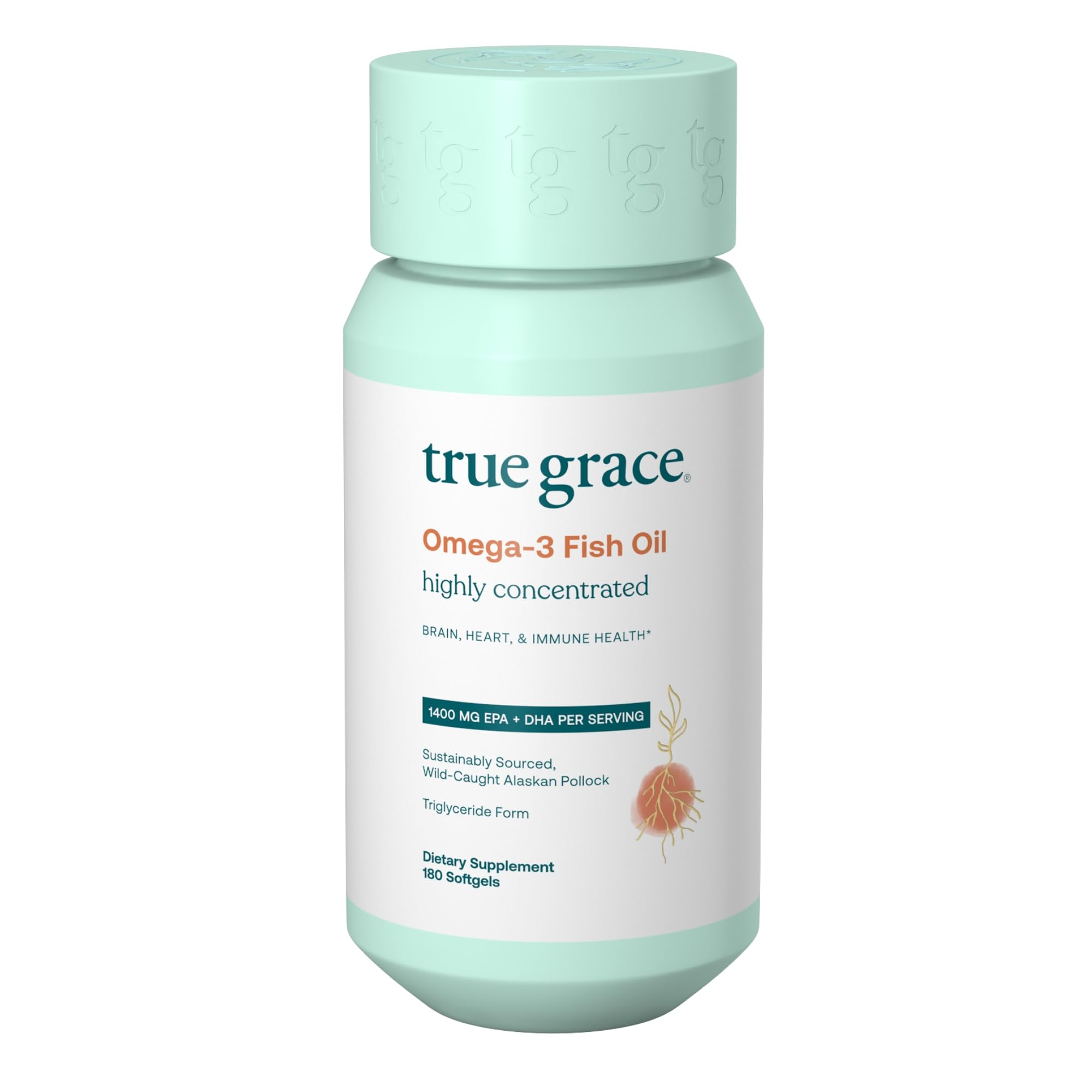 True Grace Omega-3 fish oil bottle with softgels for daily use and wellness.