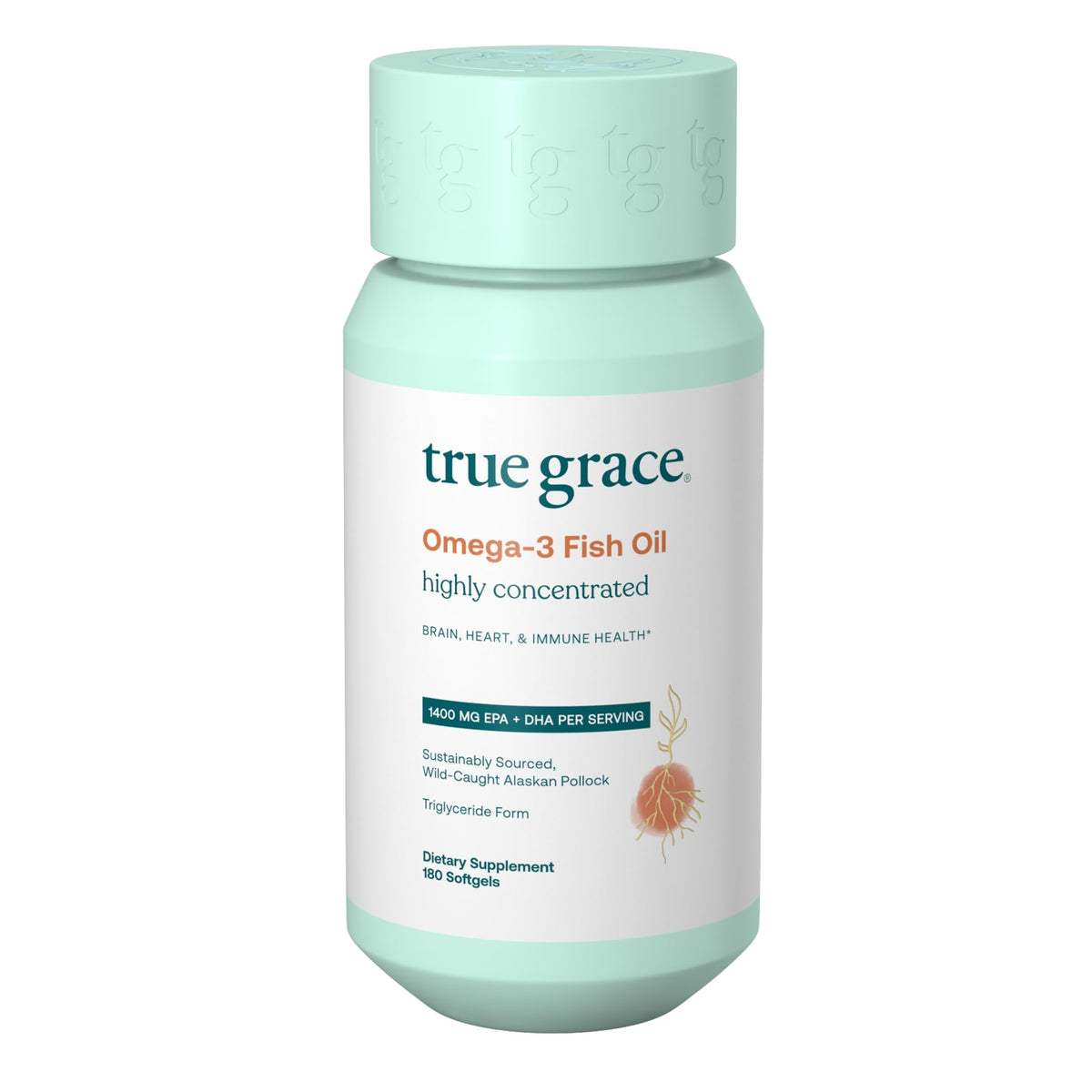 True Grace Omega-3 fish oil bottle with softgels for daily use and wellness.